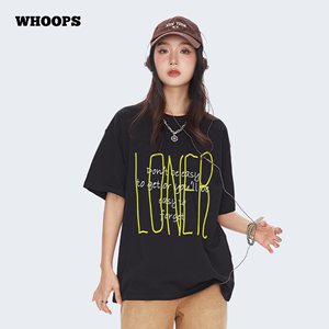 WHOOPS原创国潮嘻哈字母涂鸦印花短袖T恤女宽松夏季纯棉打底上衣