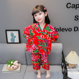 东北大花棉袄儿童女童睡衣潮味家居服开衫1-6岁薄款套装
