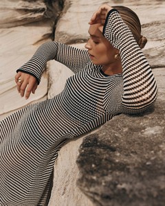 Mesh Stripe Beach Vacation Sexy Long Dress Knitted Hollow ou