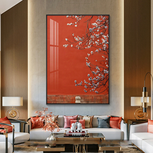 新中式客厅沙发背景墙装饰画竖版中国风背景红色梅花枝条玄关挂画