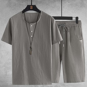 男士棉麻两件套装夏季新款宽松透气商务亚麻休闲短袖t恤7分短裤子