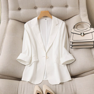 白色天丝亚麻小西装外套女春秋薄款韩版修身显瘦气质女士西服上衣