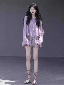 韩系小个子紫色套装女夏季薄款长袖防晒上衣微胖mm格子短裤两件套