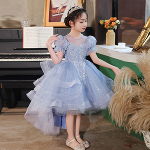 女童礼服高端蓝色公主裙前短后长小女孩主持人儿童钢琴演出服夏季