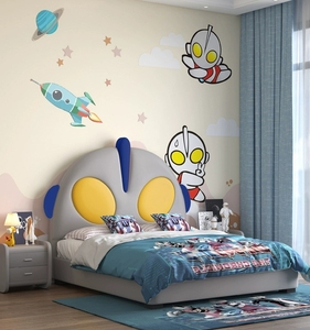 儿童床男孩实木单人床皮质创意卡通床现代儿童卧室家具奥特曼大床