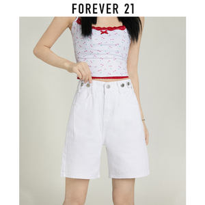 Forever 21白色直筒多扣调节牛仔短裤女夏季小个子高腰显瘦五分裤