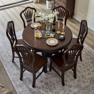 美式圆餐桌全实木复古家用1.2米圆形饭桌餐厅6人餐桌椅组合1.35米