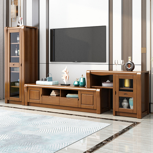 中式客厅实木电视柜家用全实木大小户型卧室伸缩储物地柜茶几组合