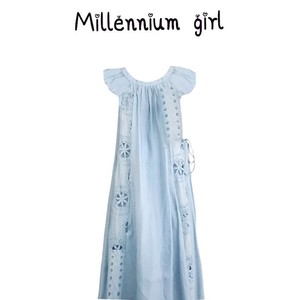 Millenniumgirl 天丝刺绣小飞袖法式收腰多巴胺蓝色设计师连衣裙