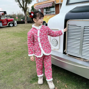 女童中国风东北大花棉袄加绒加棉套装冬季男女宝宝加厚拜年服冬装