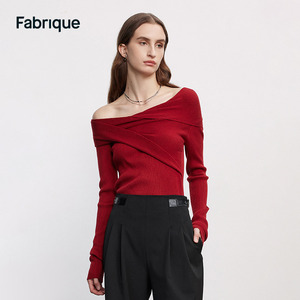 Fabrique 不对称堆领毛针织衫女2023秋冬新款修身一字领毛衣