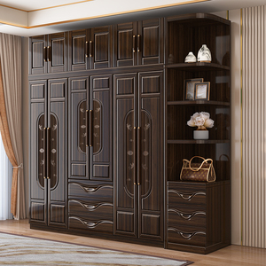 紫金檀木实木衣柜对开门家用卧室全实木现代简约多层收纳储物衣柜