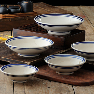 仿古复古风大碗老式面碗陶瓷粗陶蓝线斗笠6寸9酒碗商用菜饭碗中式