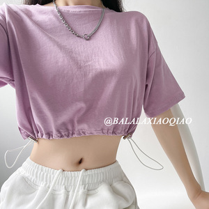 韩舞练习室抽绳收腰纯色短袖T恤女夏季短款高腰辣妹露脐爵士上衣