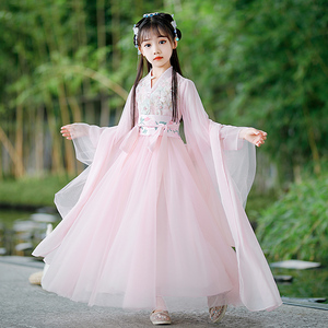 粉色汉服女款女童唐装儿童古装超仙气改良原创高端女孩广袖流仙裙