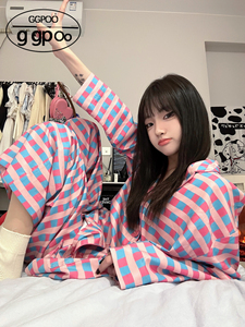 日本GP粉色格子睡衣女春秋新款高级气质长袖家居服套装外穿