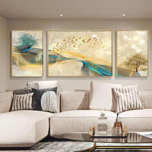 横版金树银树晶瓷镶钻轻奢客厅装饰画北欧沙发背景墙壁画三联挂画