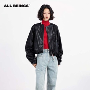 ALL BEINGS2023AW春新款设计师款女款人造皮革褶皱飞行员夹克外套