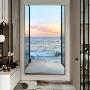 绿植高级窗子壁画大海沙滩空间延伸感仿假窗户装饰画海浪玄关挂画