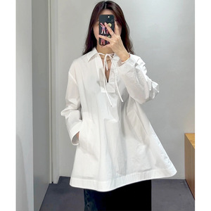 COS风休闲版系棉带领结开领套头衬衫白色2024春季新品女休闲上衣