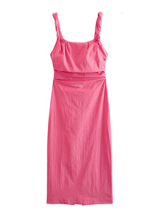 欧美外贸23夏季粉红色长裙法式后开叉设计肩带褶皱连衣裙 3269371