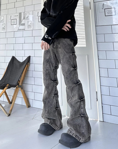 美式高街复古做旧微喇牛仔裤男女大码设计感褶皱遮胯休闲阔腿长裤