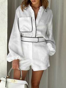 欧美休闲时尚棉麻女士套装夏季设计感黑白撞色长袖衬衫短裤两件套