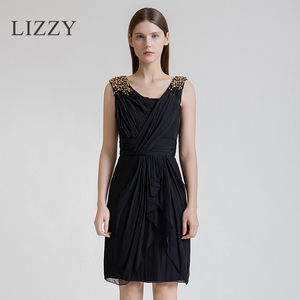 LIZZY夏季新款高端女装手工钉珠小黑裙无袖收腰荷叶边连衣裙
