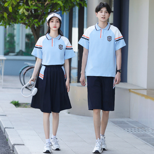 初中生班服夏季套装韩版学院风拼蓝短袖小学生六年级毕业校服t恤