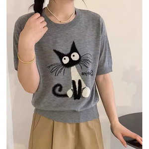 卡通图案圆领套头短袖T恤女新款韩版小猫咪宽松显瘦冰丝针织衫薄