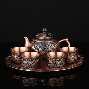 高档银色茶具小套装家用功夫茶杯复古茶壶托盘茶具实用 青铜马道