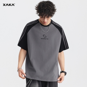 XAKA灰色撞色拼接落肩短袖男夏季性张力穿搭美式复古插肩刺绣t恤
