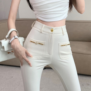 米白色马蹄西装裤女春秋设计感高腰喇叭裤弹力紧身垂坠感拖地长裤