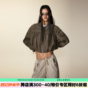 JIKOO原创美式复古长袖短款外套女夏秋设计感宽松褶皱收腰防晒衣