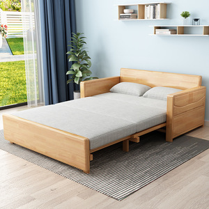 北欧实木沙发床小户型客厅简约多功能午休两用单身公寓折叠推拉床
