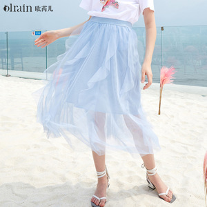 OLrain法式网纱半身裙女夏季2023年新款高腰荷叶边纯色甜美仙女裙