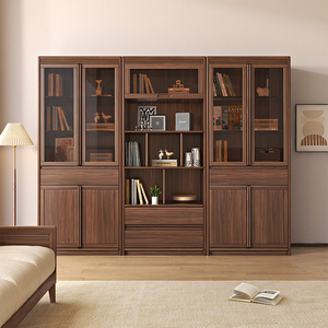 新中式全实木书柜黑胡桃木办公室书架家用中式书橱带玻璃门展示柜