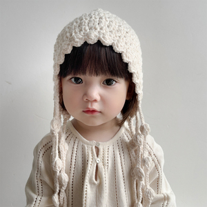 儿童毛线帽子秋冬季手工编织公主流苏女童宝宝针织护耳帽保暖防寒