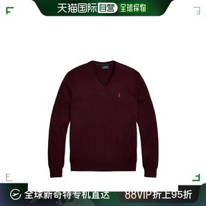 欧洲直邮RALPHLAUREN/拉夫劳伦男士酒红色罗纹长袖羊毛V领毛衣