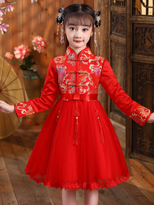 曹县汉服女童秋冬款中国风女孩拜年服儿童过年衣服红色旗袍新年装