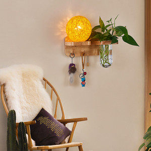 壁灯日式创意原木藤球床头灯玄关背景墙水培绿植置物架装饰氛围灯
