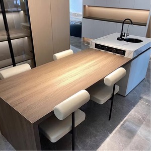 木纹岩板岛台餐桌一体可伸缩小户型家用意式极简多功能中导台定制