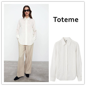 折扣购Toteme22新款白色条纹蚕丝修身轻透长袖孤形下摆设计衬衫