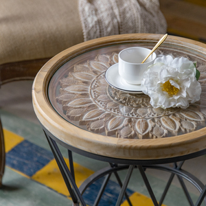 美式玻璃面复古雕花设计沙发边几铁艺小桌子阳台茶几实木工艺圆桌