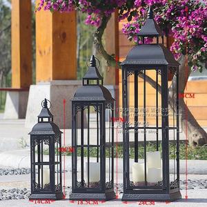 欧美式复古镂空铁艺玻璃烛台摆件 大号户外庭院落地风灯装饰马灯