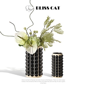 现代轻奢艺术玻璃黑色花器软装样板间餐桌客厅直筒花瓶摆件插花
