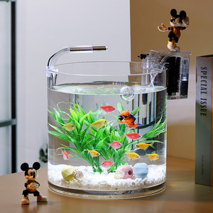新款超白玻璃鱼缸客厅办公室桌面小型免换水生态圆柱形金鱼缸造景