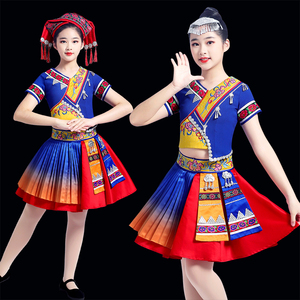 新款三月三民族风演出服装儿童女公主裙壮族苗族彝族舞蹈蓬蓬短裙