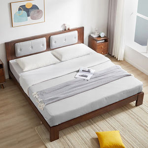 家逸实木床双人床金色软包靠背家用简约卧室婚床家具胡桃色1.8米