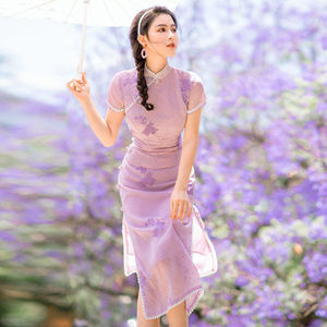 洛古仙夏季新款法式紫色年轻款民族风旗袍可爱甜美显瘦连衣裙仙气